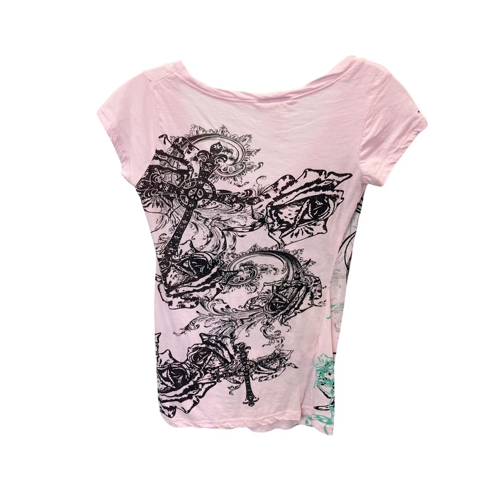 Vintag Y2K McBling Graphic Tee Pink Cross Rose Tattoo USA Made SMALL In Style - Picture 3 of 6